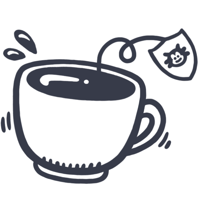 Simple, drawn icon of a coffee or tea cup with RedLynx logo