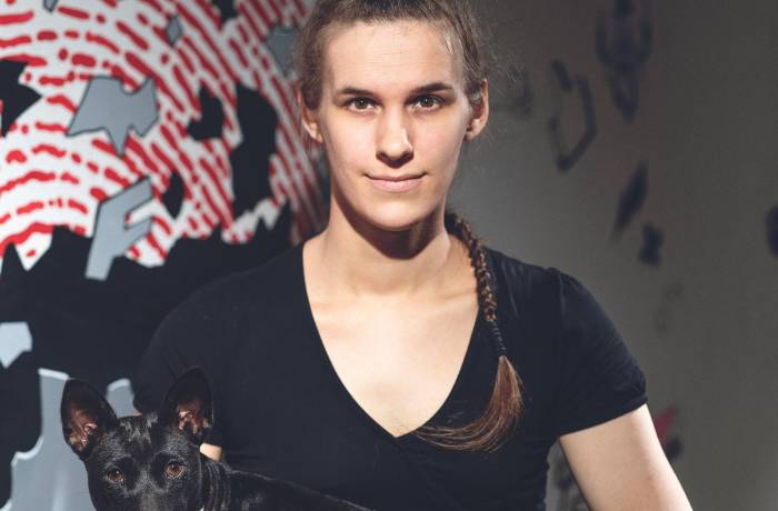 Graphics Programmer with her dog at the Ubisoft RedLynx game development studio in Helsinki, FInland.