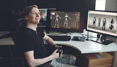 Character Artist at his desk at the Ubisoft RedLynx game development studio in Helsinki, Finland