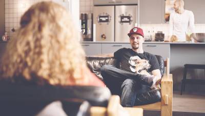 Ubisoft RedLynx employees having a relaxed conversation at the Helsinki studio's kitchen