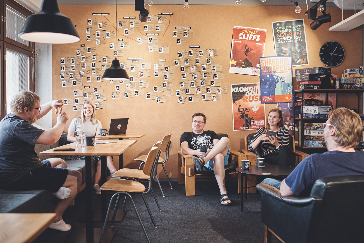 Team members talking at the open area in RedLynx game development studio in Helsinki, FInland