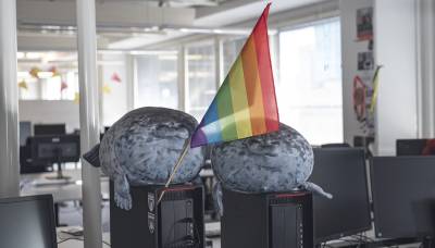 Pride flag and toy seals at the RedLynx office.