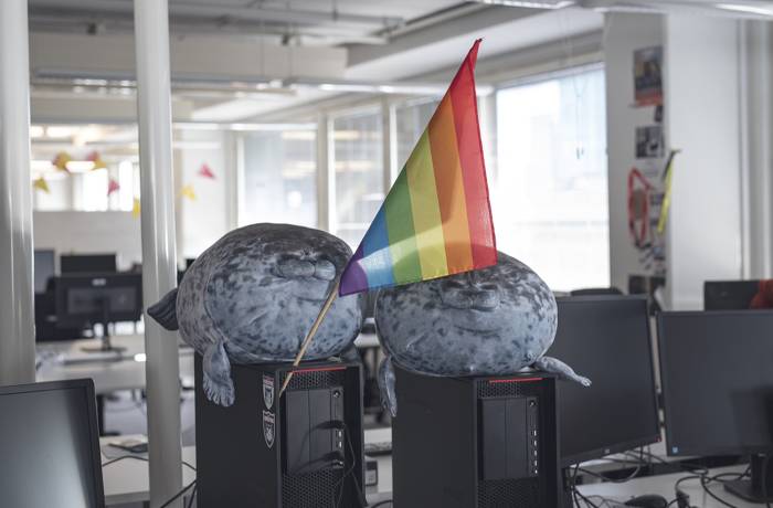 Pride flag and toy seals at the RedLynx office.